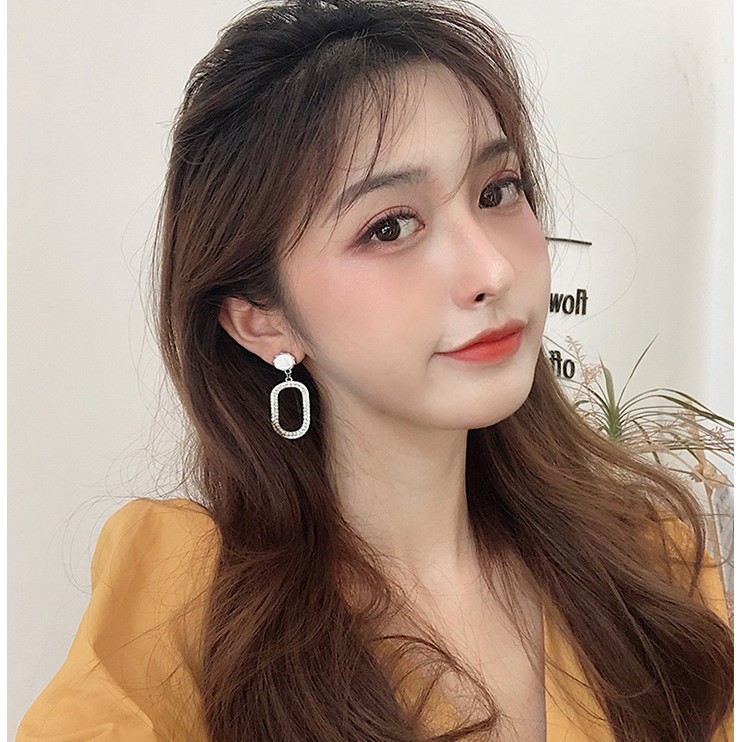 Bông tai đính giả đá lấp lánh hình chữ nhật bo góc BT114