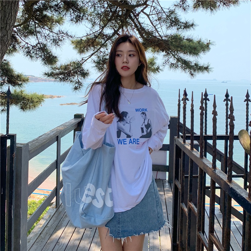 Áo thun tay dài cổ tròn phong cách Hàn Quốc thời trang mùa thu cho nữ 4 màu