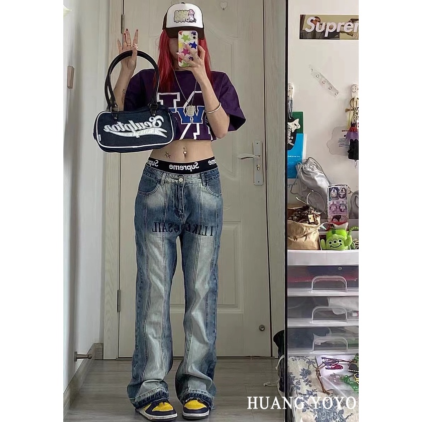 Quần jeans Nữ Lưng Cao Thêu Hoa Thời Trang Hàn