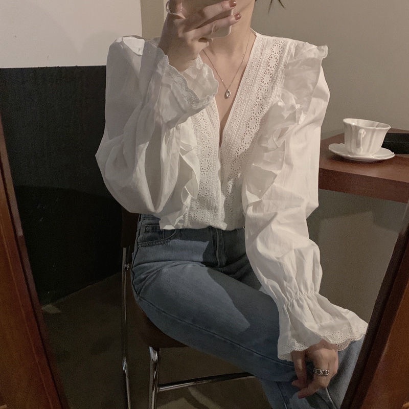 ÁO SƠ MI CỔ V DÀI TAY BÈO NHÚN - SẴN