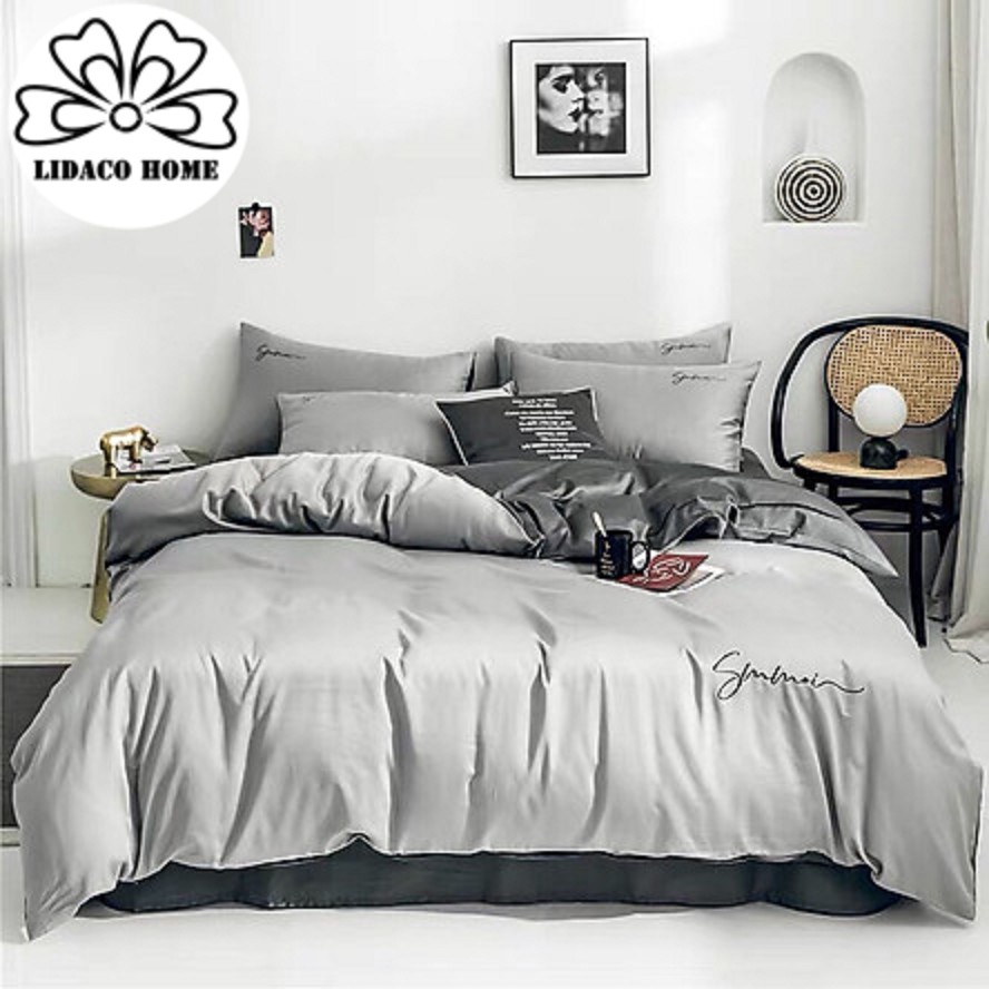 Bộ Chăn Ga Gối Lụa LIDACO cotton lụa trơn sợi vải 60s - Xám Nhạt Phối Màu