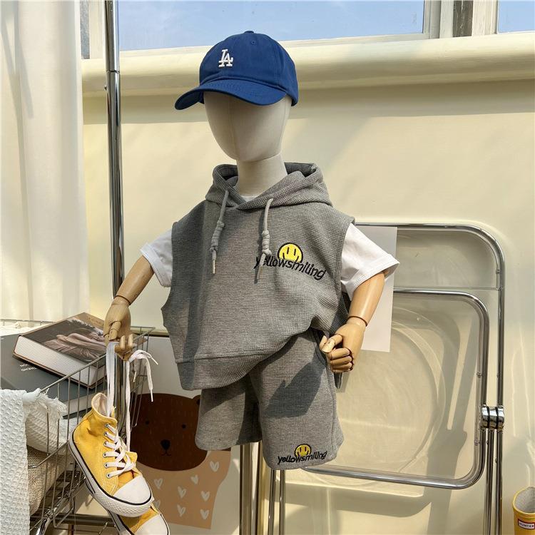 Bộ Áo Hoodie + Quần Sooc Dáng Rộng Thêu Họa Tiết Mặt Cười Dễ Thương Thời Trang Xuân Hè Cho Bé Trai Và Gái