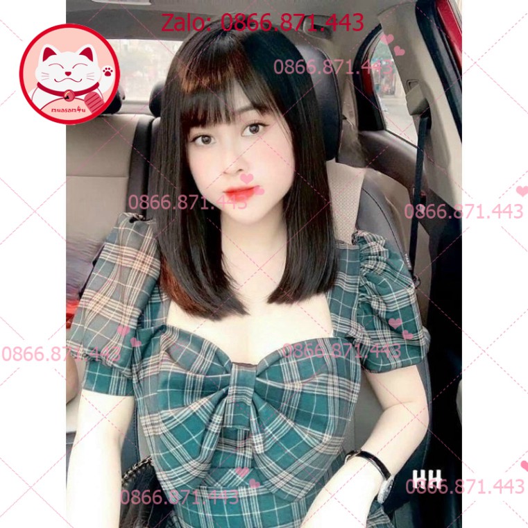 ⚡𝐅𝐑𝐄𝐄𝐒𝐇𝐈𝐏⚡  Đầm kẻ caro màu xanh lá, ngực phối nơ bản to, tay phồng