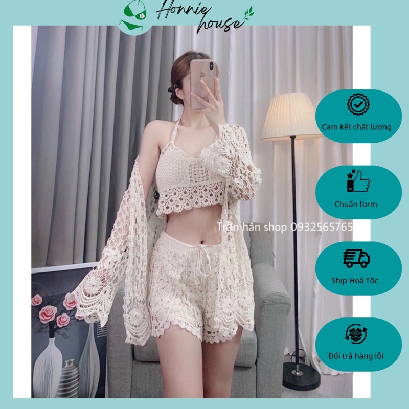 37- set 3 món Ren đi biển -bra kiểu vây cá + quần ren hoa xẻ vạt + choàng ren hoa tay sóng (có tách rời)