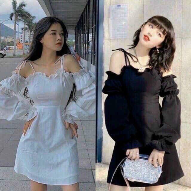 Đầm trễ vai tay nhún cột nơ vai (có sẵn mút) 2 màu đen và trắng