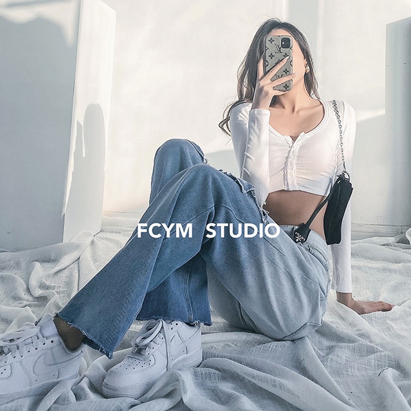 Quần Jean Nữ Lưng Cao Ống Rộng Thiết Kế Rách Gối Thời Trang | BigBuy360 - bigbuy360.vn