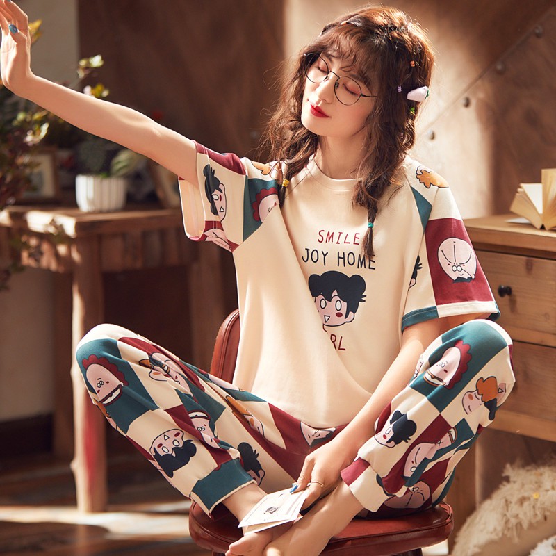 Bộ Đồ Pijama Mặc Ở Nhà Ngắn Tay Đáng Yêu Cho Nữ