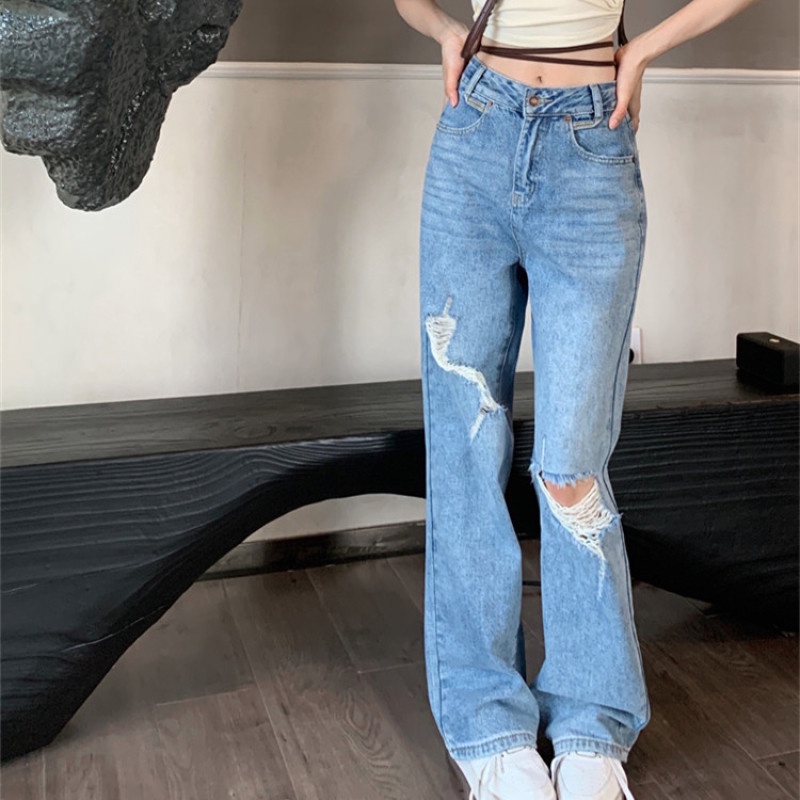 Quần Jean Nữ Lưng Cao Ống Đứng Rách Gối Thời Trang