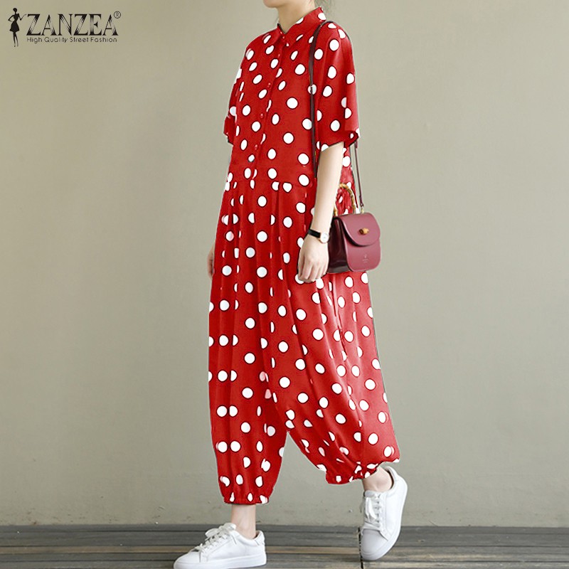 Jumpsuit Dài Họa Tiết Chấm Bi Vintage Thời Trang Cho Nữ