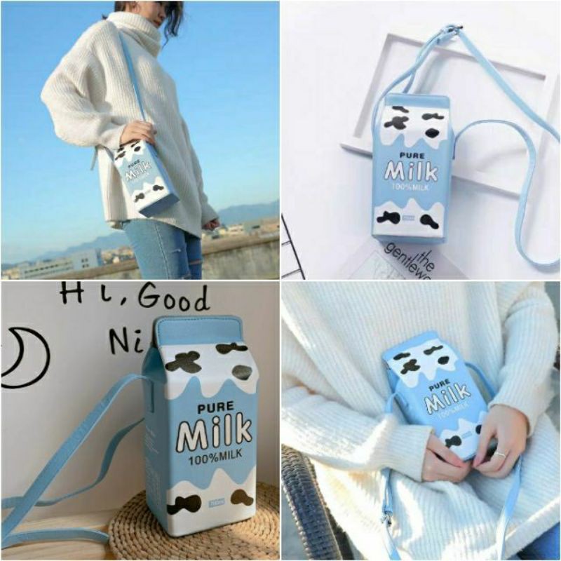 Túi đeo chéo nữ da PU hình hộp sữa bò béo cute ulzzang style màu xanh pastel