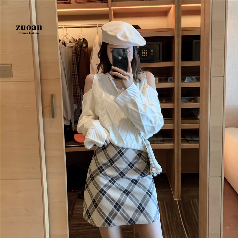 SUXI Áo Dệt Kim Nữ Tay Dài Cổ Chữ V Trễ Vai Thời Trang