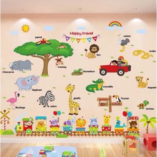 Bộ Decal giấy dán tường hình Thú Tiếng Anh + Xe Lửa Cho Bé đáng yêu