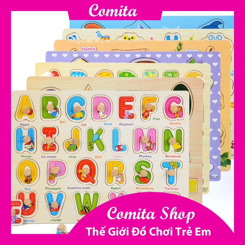 Đồ chơi bảng lắp ráp con số chữ cái con vật đồ vật bằng gỗ cho bé COMITA.