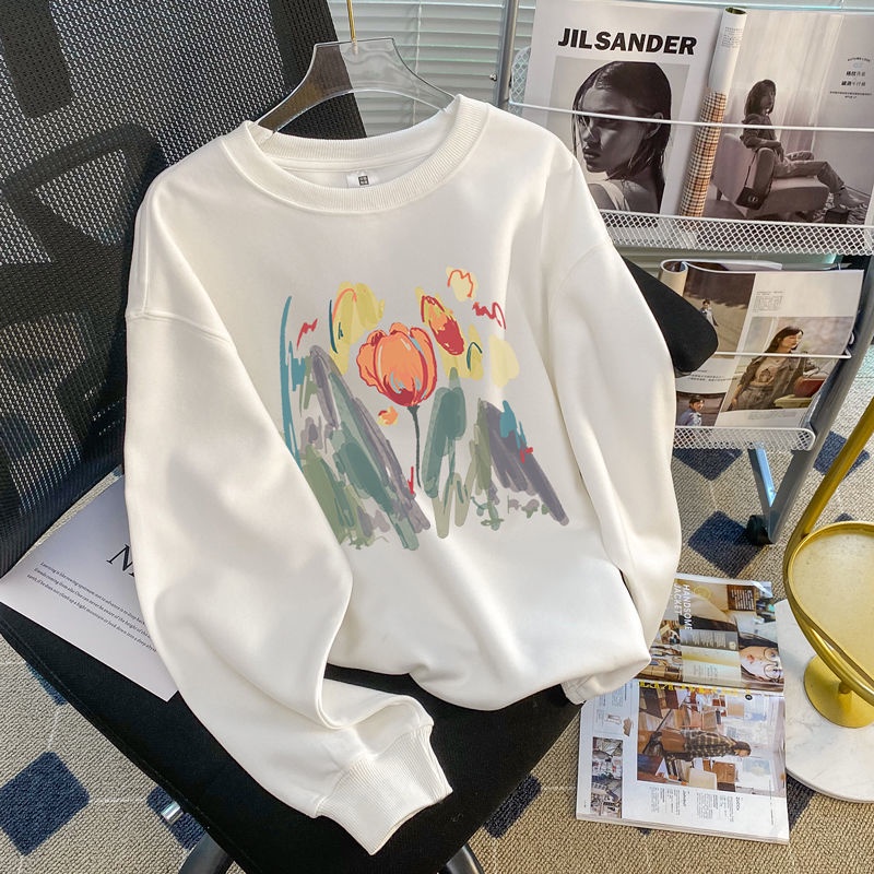 Áo sweater Cổ Tròn Màu Đen In Hình Hoa tulip Xinh Xắn Cho Nữ