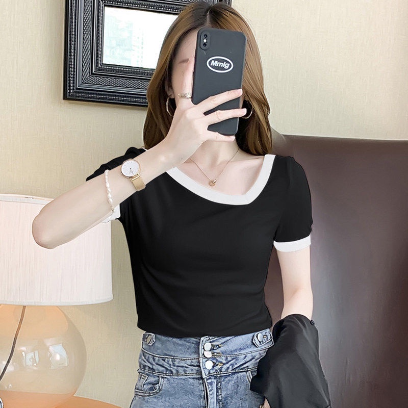 Áo Thun Tay Ngắn Dáng Ôm Màu Sắc Tương Phản Dễ Phối Đồ Phong Cách Phương Tây Thời Trang Cho Nữ