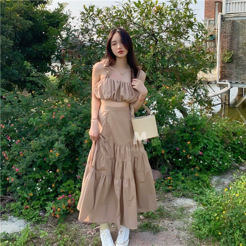 Set Áo 2 Dây Kèm Chân Váy Midi Dài Thời Trang Mùa Thu - Minipie