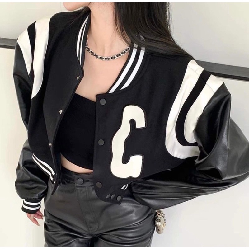 Áo KHOÁC BOMBER CHỮ G  🌸 Áo Khoác Croptop Tay Da Cá Tính Ullzang 🌸