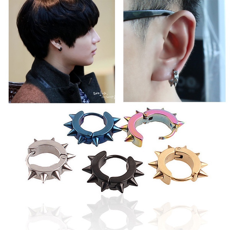 Cặp khuyên tai tròn phối đinh tán bằng thép Titan Unisex