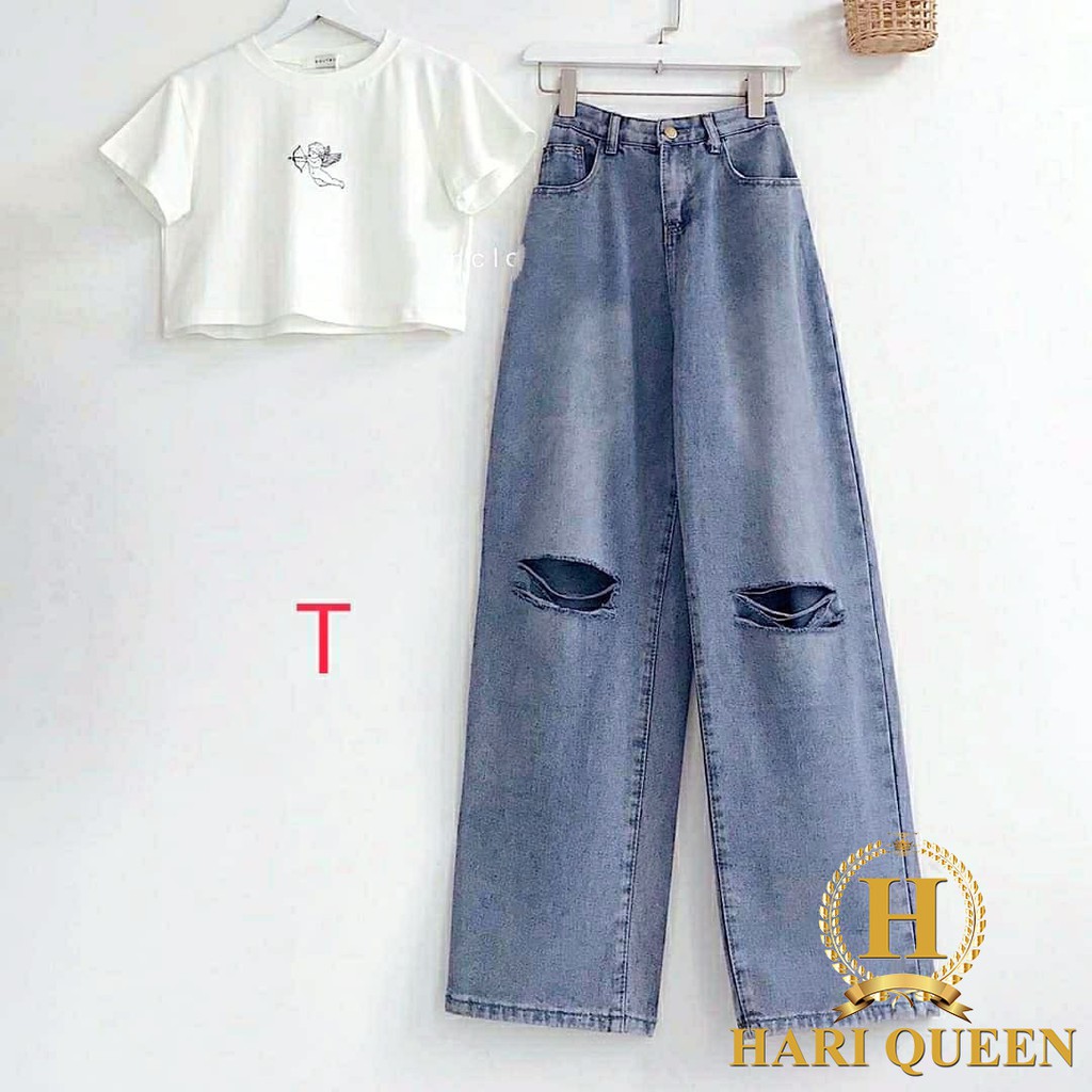 Sét croptop thiên thần+quần bò rách ống rộng DTR0720
