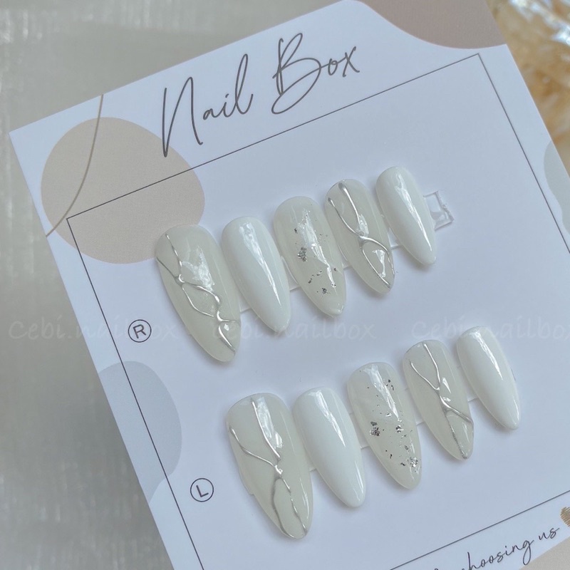 Nailbox nuna móng úp thiết kế móng tay giả màu trắng gương bạc nổi 3d kèm Vân đá nhẹ nhàng giao hỏa tốc now ship