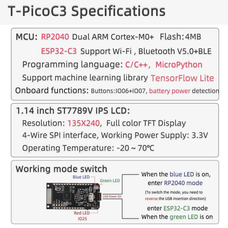 Mô Đun Phát Triển WIFI Không Dây NAMA LilyGO T-PicoC3 ESP32-C3 RP2040 MCU 1.14 Inch ST77