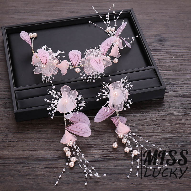 Set cài tóc+khuyên tai hoa đính ngọc trai hồng trang trí tóc cho cô dâu