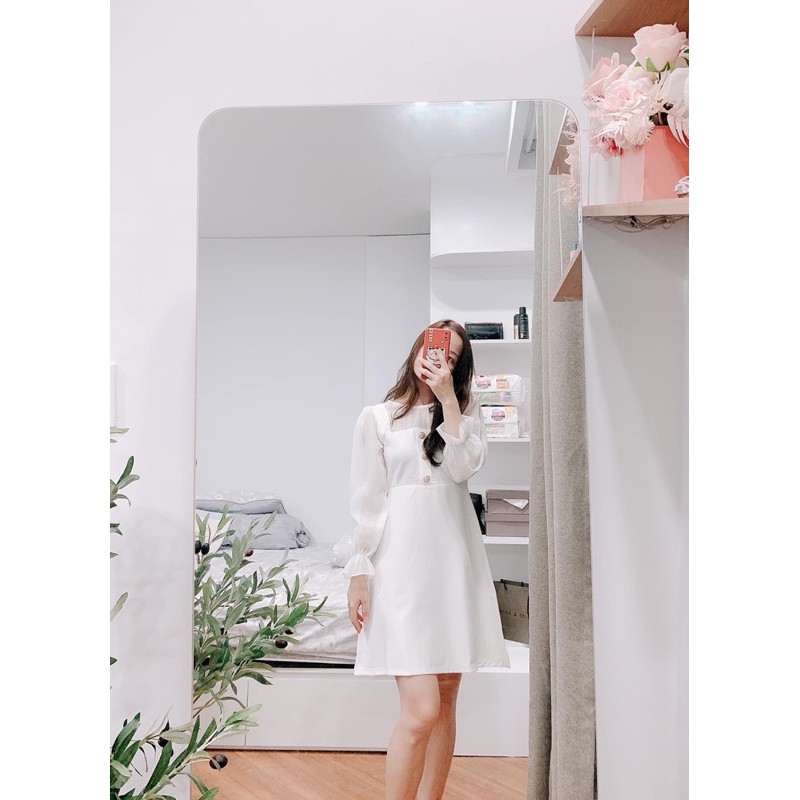 Đầm trắng cúc ngọc sang chảnh phối voan tay bồng