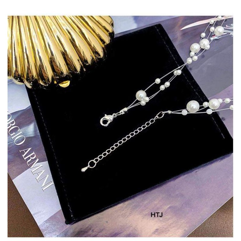 Vòng cổ choker tết sợi rối hạt ngọc khóa bạc 925