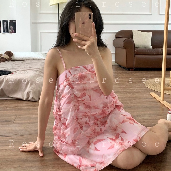 Đầm hồng voan hoa nhúng