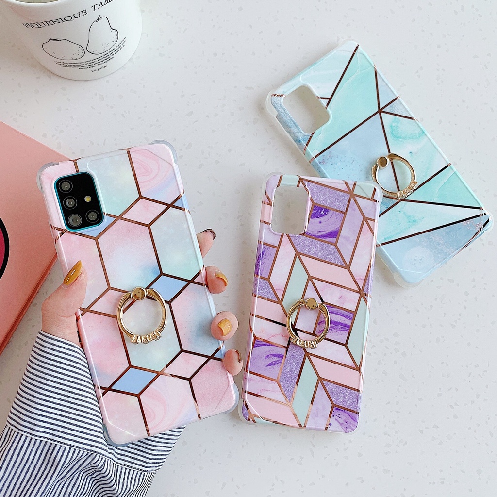 Ốp điện thoại họa tiết vân đá cẩm thạch hình học có nhẫn đỡ cho Samsung Galaxy S20 FE S20 Ultra S21 Plus S10
