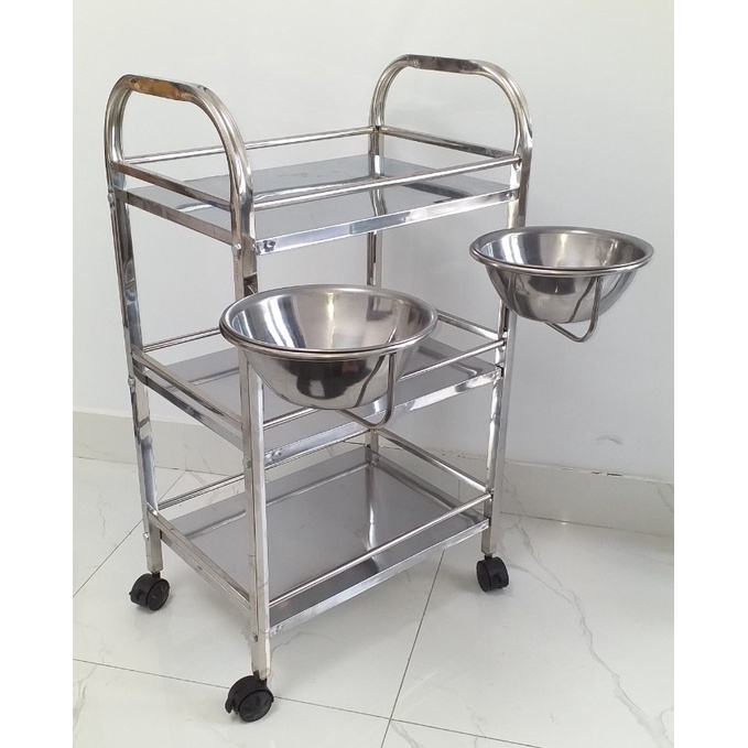 Xe đẩy spa inox kệ inox 3 tầng spa thẩm mỹ viện đựng dụng cụ tặng 2 thau inox