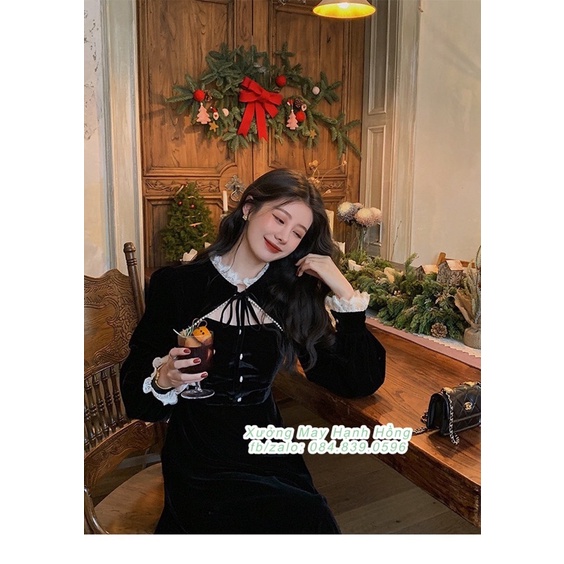 Váy nhung đen cổ tàu phối ren buộc dây Vintage - Xưởng May Hạnh Hồng | BigBuy360 - bigbuy360.vn