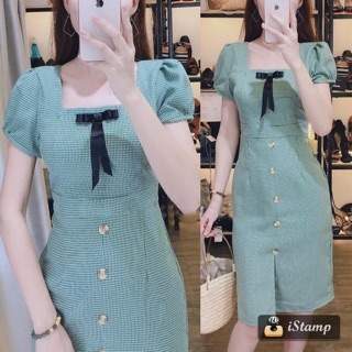 Đầm caro cổ vuông tay phồng xinh yêu dịu dàng