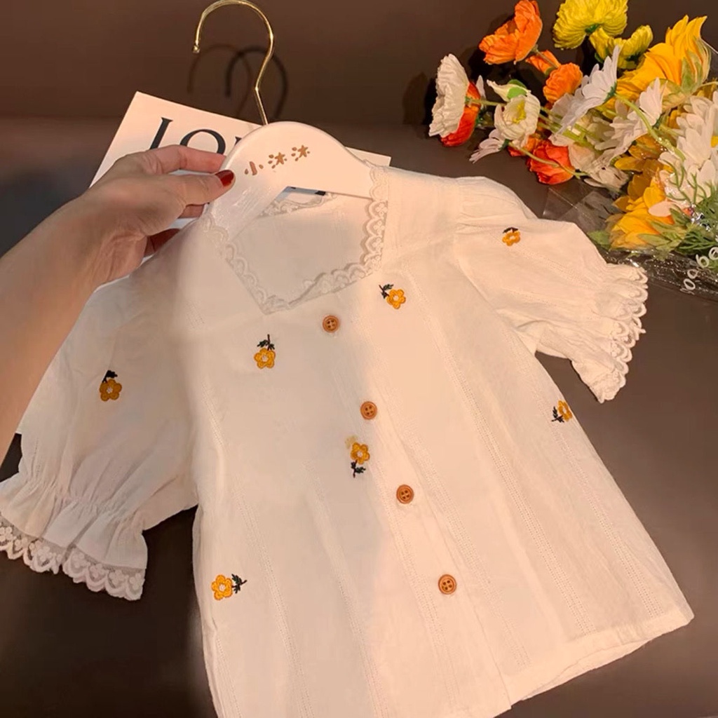 Bộ Áo Sơ Mi Thêu Họa Tiết 2022 + Quần Dài Phong Cách Hàn Quốc Mới Cho Bé Gái