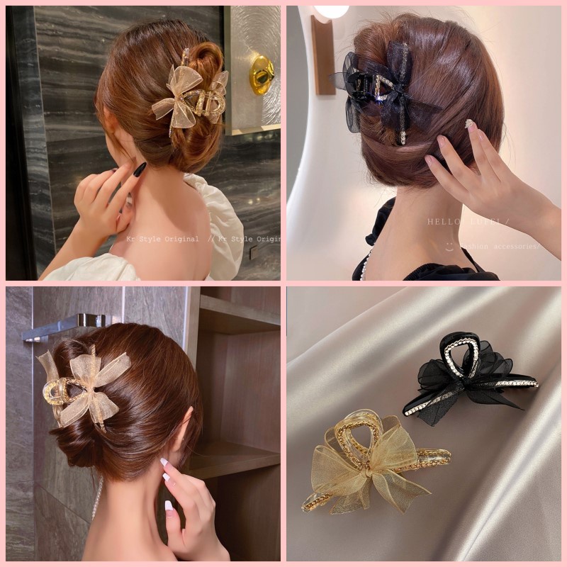 Kẹp tóc phối nơ lưới ren thời trang phong cách Hàn Quốc