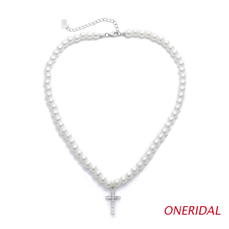 Vòng cổ xỏ hạt ngọc trai giả với mặt thánh giá đính kim cương giả trang sức Vintage cho nữ