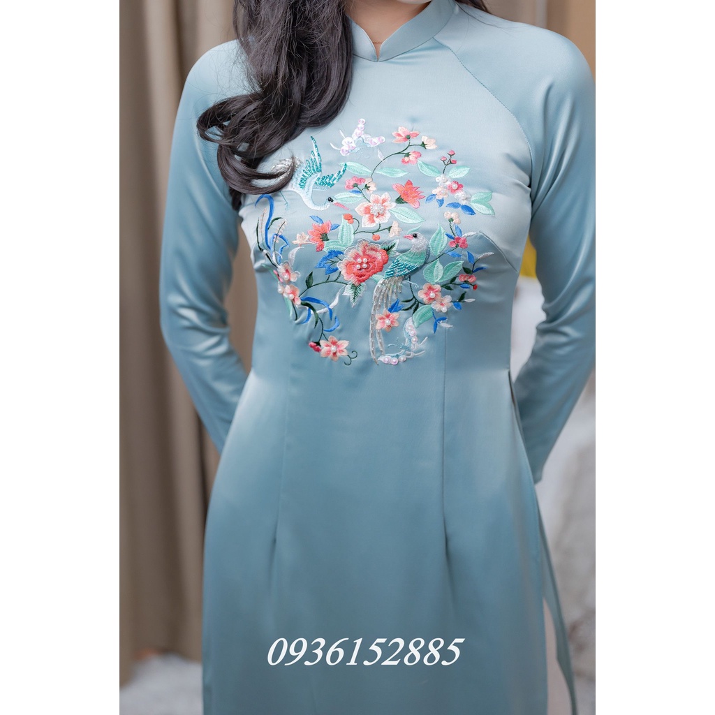 Áo dài truyền thống lụa xanh ngọc thêu đính kết thủ công tà dài đẹp 135cm đi dạy du lịch Nét Việt