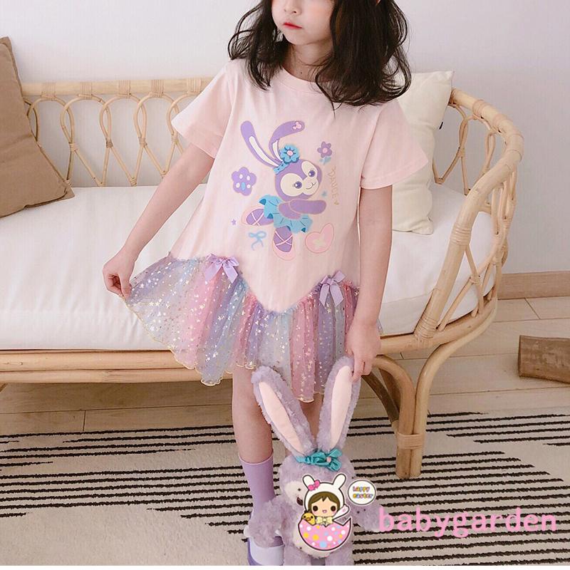 Đầm chữ A tay ngắn in họa tiết thỏ hoạt hình đính kim sa phối lưới dễ thương cho bé gái