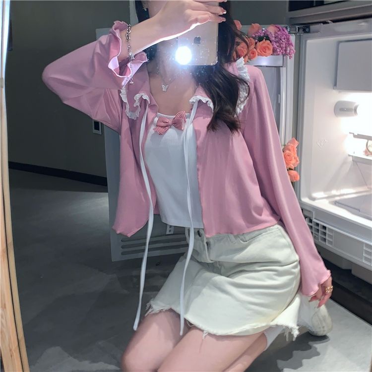 Áo Cardigan Mỏng + Áo Hai Dây Thắt Nơ Phong Cách Hàn Quốc Dành Cho Nữ