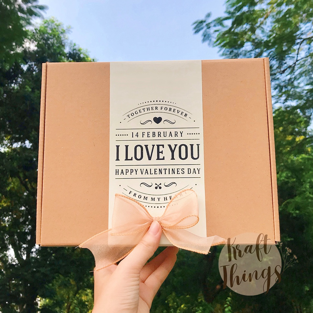 Hộp đựng quà kraft Happy Valentines Day - Hộp quà tặng 14/2, lễ tình nhân kèm rơm lót