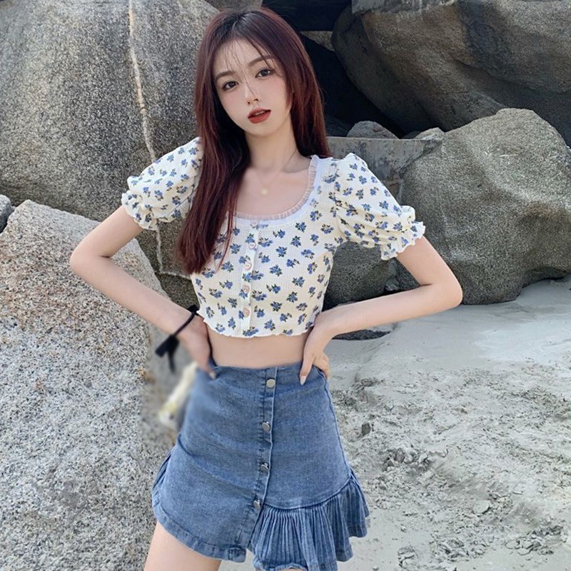 Áo Thun Crop Top Vải Voan Tay Ngắn Phồng Cổ Vuông In Họa Tiết Hoa Phong Cách Retro Hàn Quốc Dành Cho Nữ