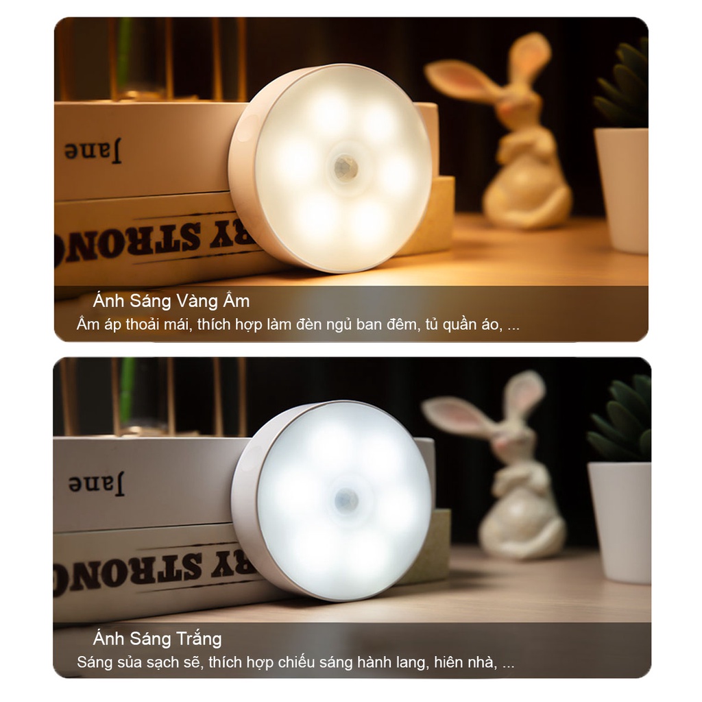 Đèn Cảm Biến, Đèn Led Tròn Cảm Ứng Ánh Sáng Ấm Có Thể Điều Chỉnh Chuyển Động Dán Tường Sạc USB, Home Life OFFICIAL