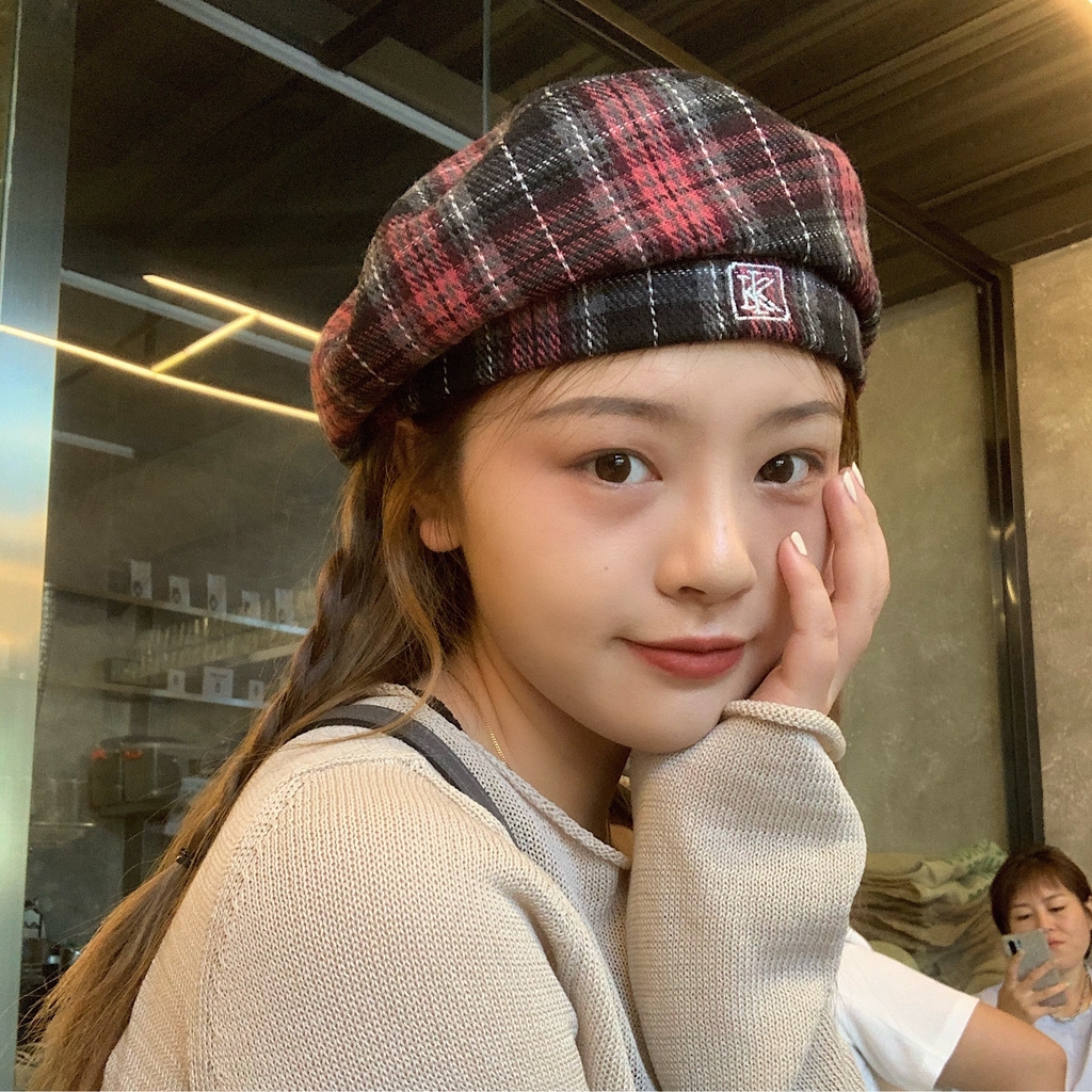 Mũ Beret Len Kẻ Sọc Caro Phong Cách Retro Nhật Bản Thời Trang Thu Đông Cho Nữ