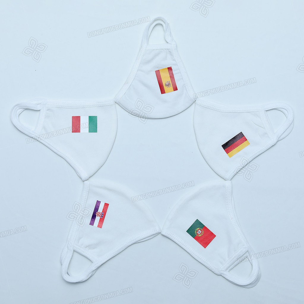 Combo 10 Khẩu Trang Vải Màu Trắng Kháng Khuẩn In Cờ Các Quốc Gia Tham Dự EURO Co Giãn, Bảo Vệ Sức Khỏe Toàn Diện