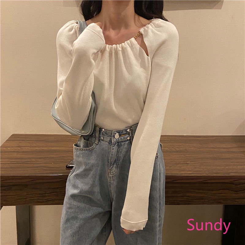 Áo Kiểu Tay Dài Phối Dây Xích Phong Cách Thời Trang Mùa Thu Hàn Quốc Cho Nữ