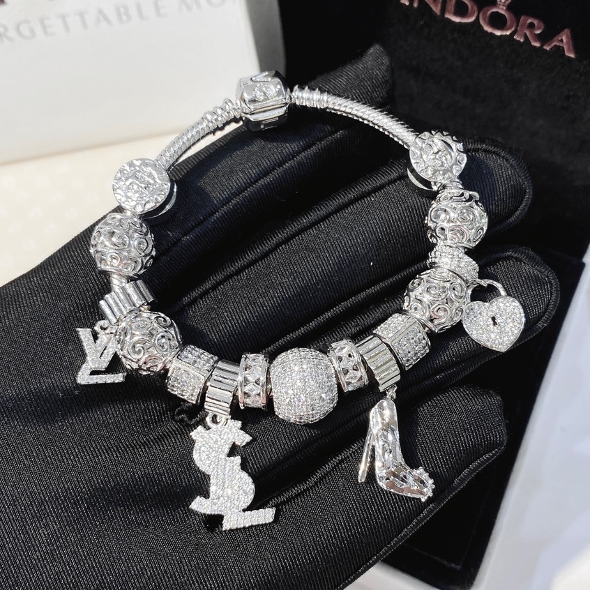 Vòng tay nữ charm pandora xi bạch kim full charm đính đá cao cấp Ròm House full hộp - ms3404203