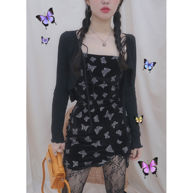 Đầm Đen Sát Nách Hoạ Tiết Bướm Thời Trang Mùa Hè