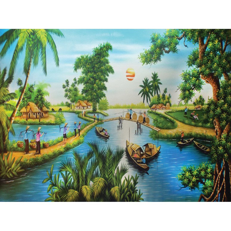 Tranh dán tường 3d đồng quê việt nam trang trí phòng khách giá rẻ đẹp chất liệu decal keo sẵn bóc dán atk12