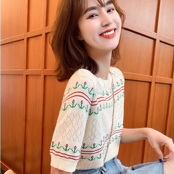 Áo dệt kim ZHELIHANGFEI ngắn tay thêu họa tiết xinh xắn thời trang