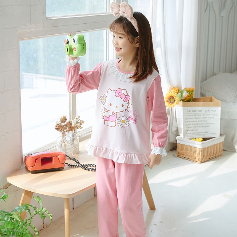 Bộ Đồ Ngủ Cotton Tay Dài Cổ Tròn In Họa Tiết Hoạt Hình Dễ Thương Cho Bé Gái